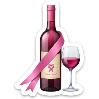 a wine bottle with a decorative pink ribbon sticker