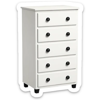 IKEA-inspired 4 feet depth white 6-drawer chest, one tiny black knob per drawer, stacked sticker