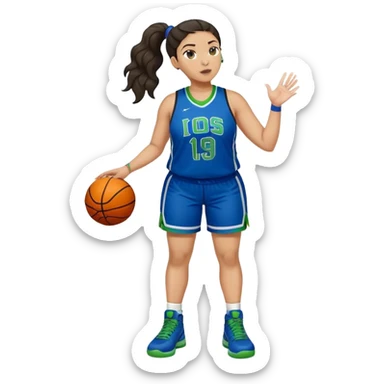 full body plus size light skin  latino women basketball player with wavy dark hair in pony tail wide nose wearing blue uniform with green accent sticker