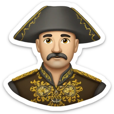 a Cossack warrior, The Cossack has a shaved head and a long strand of hair on one side. He has a thick, curved mustache and wears a gold earring in his left ear. He is wearing a simple Ukrainian embroidered shirt sticker