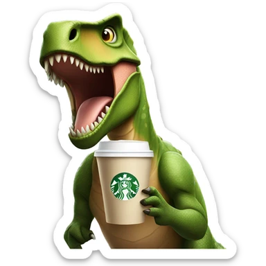 Dinosaur holding Starbucks coffee sticker