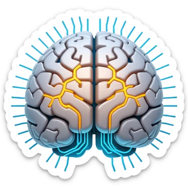 glowing futuristic brain with circuit patterns, radiating intelligence and innovation sticker