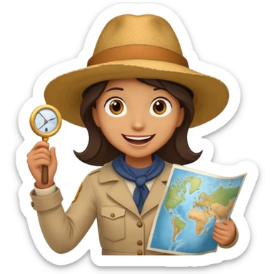A curious explorer with wide hat, map in hand, and excited adventurous smile.
 sticker