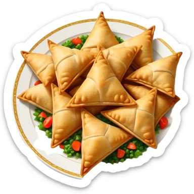 Cinematic Realistic Samosas Dish Emoji, depicted as golden, crispy pastry pockets filled with spiced vegetables rendered with detailed textures and appetizing lighting. sticker