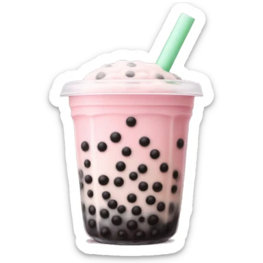 cup of boba tea with a soft pastel pink color, topped with creamy milk and filled with chewy black tapioca pearls. The drink has a smooth, sweet look sticker