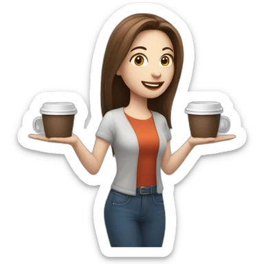 woman juggler with long straight brown hair and pale skin juggling three coffee cups and two mini laptops in the air sticker