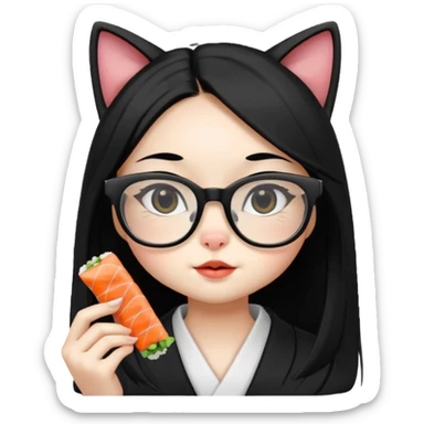 cute girl cat with long straight hair and really big square glasses with super thin frames eating sushi sticker