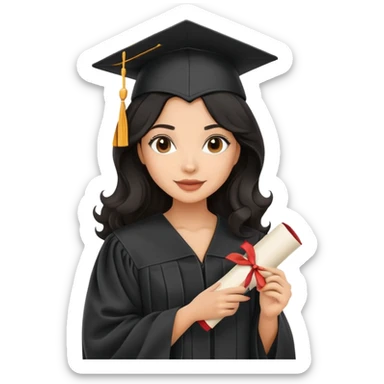 beautiful latina woman with wavy black hair wearing graduation cap and gown, holding diploma sticker