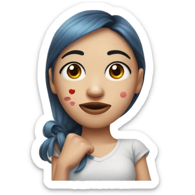 cartoon woman's face with a left eye that is puffier than the right, and with arms. the right arm has a small round red tattoo wound halfway between the hand and the elbow sticker