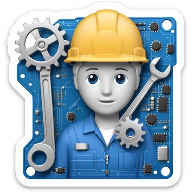 An icon featuring a gear, a wrench, and a blueprint, symbolizing engineering. The design includes a hard hat, a circuit board, and a ruler, representing problem-solving, design, and technological innovation across various engineering fields. Transparent background sticker