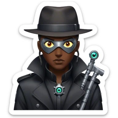 A dystopian bounty hunter, black trench coat, cybernetic eye glowing sticker