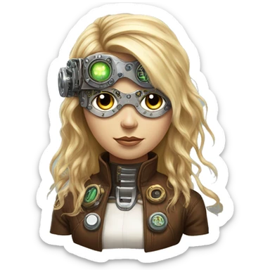 Brown long hair with blonde steaks female cyborg head, fair skin, steampunk goggles and circuits sticker
