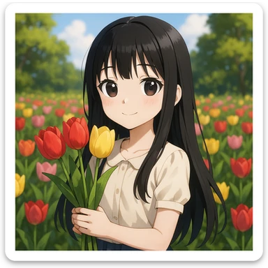 3D anime style girl with long black hair and thin bangs, holding tulips in a garden sticker