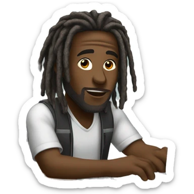 Black-guy-with-dreads-sitting-down-on-chair-facing-desk-foward-focused-on-laptop-computer sticker