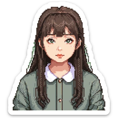 pixel art of an Asian girl, thin bangs, long hair, round eyes, no double eyelids sticker