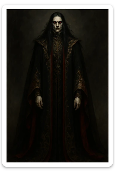 tall, imposing figure with long, flowing black hair and glowing red eyes. Wears a floor-length black and red cloak with gold embroidery. Pale skin, sharp features, and a cold, stoic expression. sticker