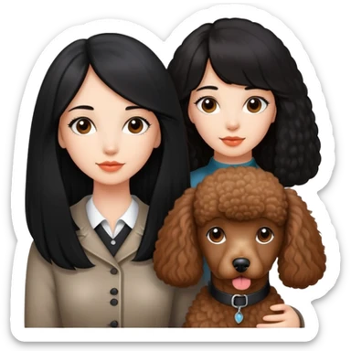 A beautiful and well-behaved girl with fair skin has long straight black hair and a brown Poodle. sticker