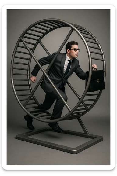 uomo che corre dentro la ruota del criceto come un circolo vizioso immagine realistica sticker