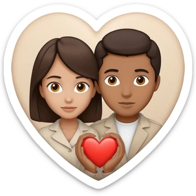 A couple with dark brown hair and mixed skin tone inside a white heart, wearing beige clothes sticker