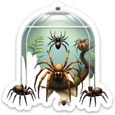 Collage of various spiders, including tarantulas and other exotic species, inside a  terrarium with webs and natural décor. Close-up shots of their intricate legs, eyes, and fuzzy bodies. Soft lighting, transparent background. sticker
