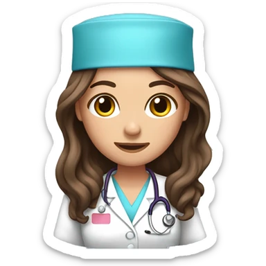 Nurse, woman, long brunette hair, pink scrubs sticker