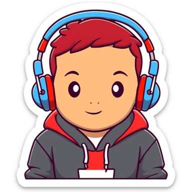 young boy with red hair, wearing headphones and a hoodie with 'woojuo' printed on the chest, cartoon cute style sticker
