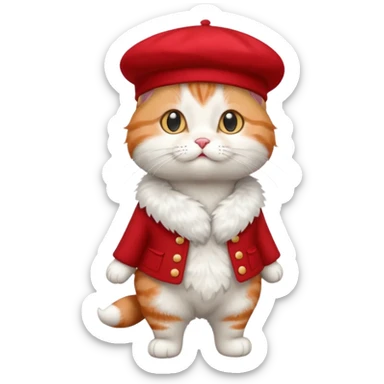 A cute cat emoji, full body, standing in side view, wearing a stylish red beret. sticker