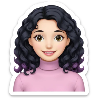 a woman with long sleeve turtle neck top and smile, her hair is long curly and the color is black, her eyes color are black and the color of her lip is soft pink sticker