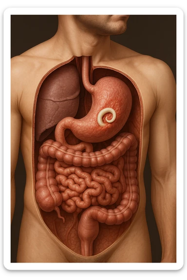 a 3D cutaway view of the human digestive tract, showing an Anisakis larva attached to the stomach or intestinal wall. in a man sticker