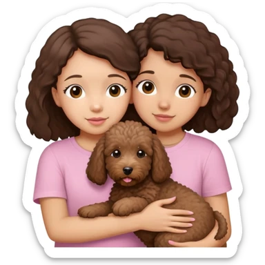 One girl with medium long dark brown hair dressing baby pink T-shirt, hugging One little brown coated labradoodle. sticker