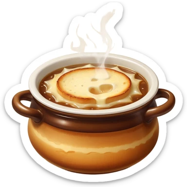 french onion soup in a bowl, melted cheese on top, golden croutons, steam rising sticker