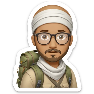 adventurer with goatee beard (no beard on cheeks), short hair, glasses, bandana on head and backpack sticker