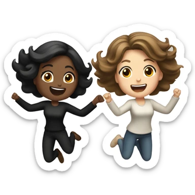 Two pale women, one light brown hair and one black hair, jumping up excitedly sticker