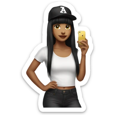 Girl with black hair and bangs wearing snap back cat with iPhone in hang sticker