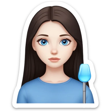 Girl with pale skin, long dark brown straight hair, blue eyes and light makeup sticker