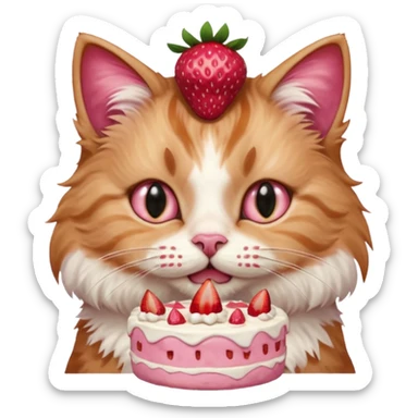 Close-up portrait of a fluffy cat eating a strawberry cake, pink cream on its nose and whiskers, detailed fur texture, soft natural light, shallow depth of field, high resolution, cute and candid moment
 sticker