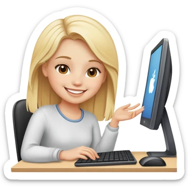 Blonde girl at computer smiling sticker