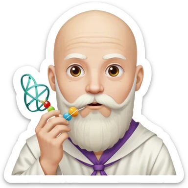 completely bald guy, with a long, white wizard beard tied down in a hair tie, eating a strand of dna sticker