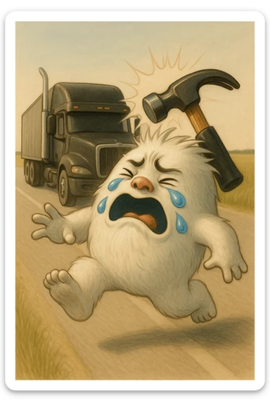 Make the semi truck a flattop with tall chrome stacks, keep the side view, truck far behind the abominable snowman, hammer actively hitting the snowman, light and realistic style, no text. sticker