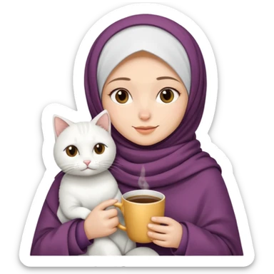 hijap bayan elinde kahve ve battaniyesi ve kucagında beyaz kedi sticker