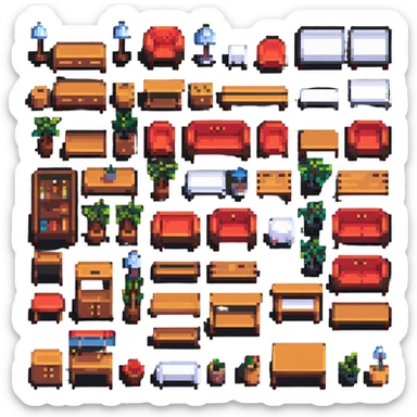 detailed furniture elements in pixel art style sticker