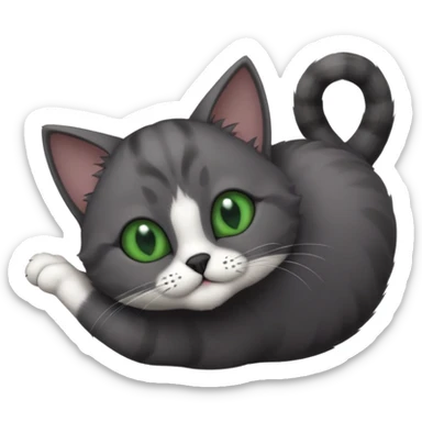 solid dark grey cat with green eyes, completely solid grey face, white toes/paws playing rolling upside down sticker