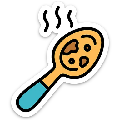 filthy stained spoon emitting visible stink lines, icon style, focus on used and unclean appearance sticker