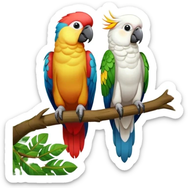 Close-up of colorful parrots Ara and Cockatoo Inca perched on tree branches, surrounded by lush greenery. Bright, vivid feathers contrast with the natural background of trees, leaves, fruits. Soft natural light, enhancing vibrant colors. Transparent background. sticker
