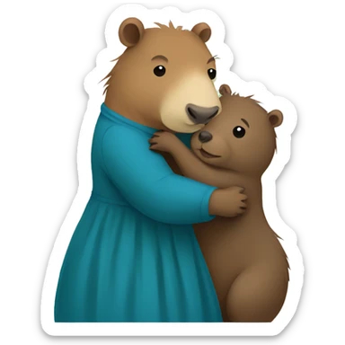 a capybara and bear hugging. the capybara is wearing a green dress and the bear is wearing a blue dress. sticker