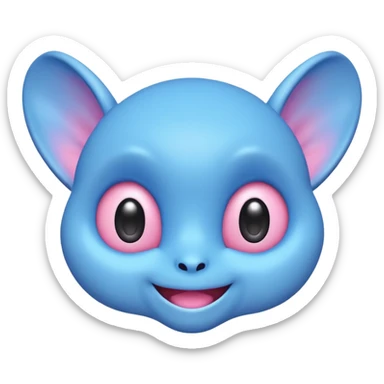 minimalist cute blue alien emoji, big eyes, wide smile, floppy ears with pink inside, pastel palette, kawaii sticker