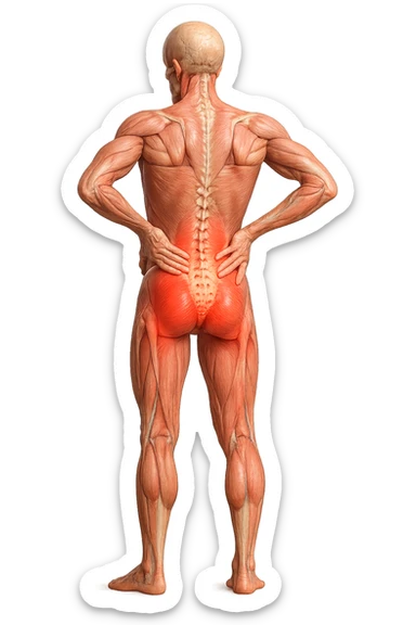 CORPO UMANO ANATOMICO A FIGURA INTERA REALISTICO DI SPALLE CON DOLORE ALLA LOMBARE INFIAMMATA, DOLORE ALL'ANCA, IPERREALISTICO 4K sticker