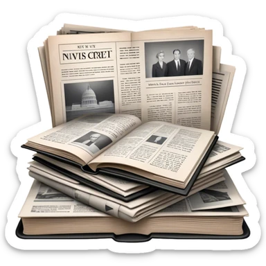 Icon for Non-Fiction & Narrative Reading: an open book with black-and-white photos on the pages, surrounded by a pile of newspaper clippings, and an open folder with top-secret documents. The icon should reflect the blend of real stories and facts in non-fiction literature. Transparent background. sticker