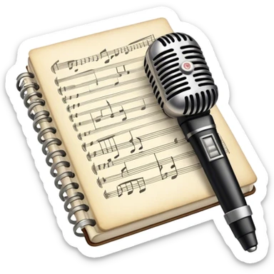 Create an emoji representing songwriting. The design should feature an open notebook or sheet music with visible lyrics between the musical notes, symbolizing the process of writing song lyrics. The text between the notes should be clearly visible. A pen or pencil should be placed near the notebook, indicating active writing. Optionally, include a single vintage microphone lying beside the notebook (not on the music notes) to add a creative touch. Use a harmonious color palette with warm and neutral tones. Do not include any emojis or smiley faces. Make the background transparent. sticker