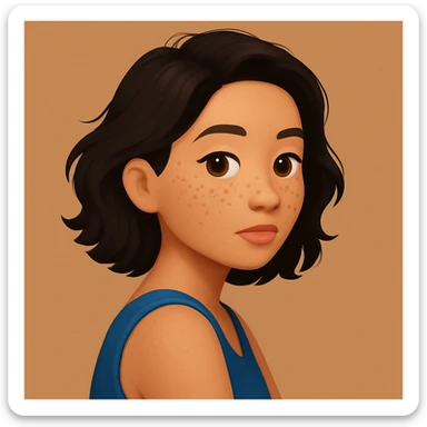 turn the second man in emoji style of the 1st image, match the facial features and match dressing style of the 2nd image, she is wearing blue tank top lose, side pose sticker